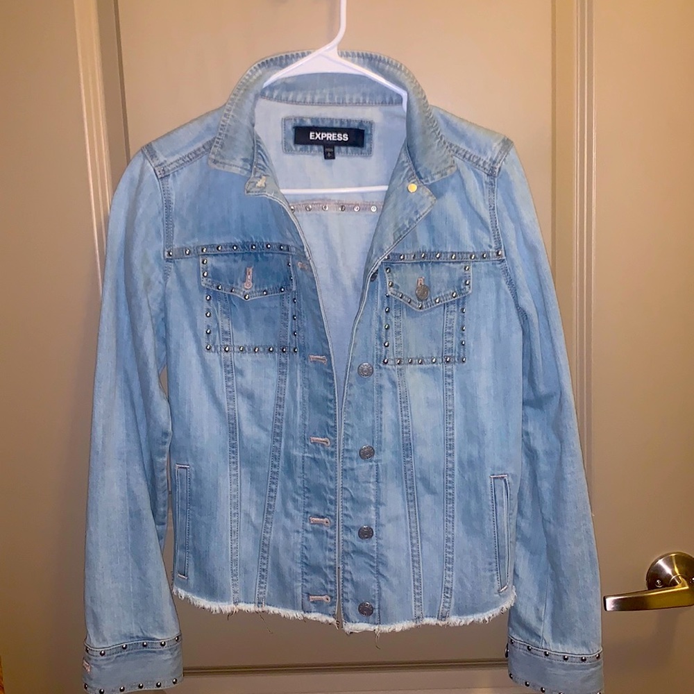 Frayed denim jean jacket with rhinestones, light blue